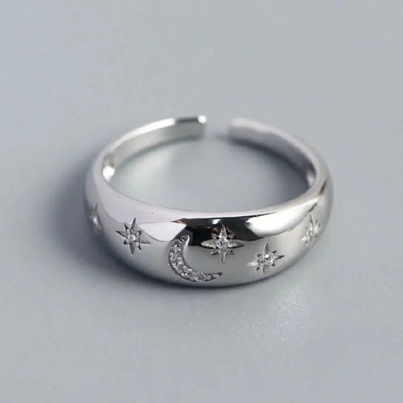Minimalist 925 Sterling Silver Moon & Star Celestial Ring Dome Midi Thumb Ring - Picture 3 of 5